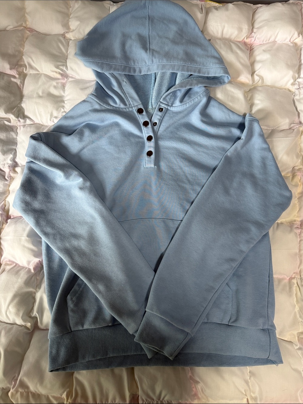 Light Blue Women's Hooded Pullover Sweater with Button Placket